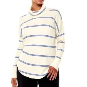 Aritzia Babaton Thermal Sweater Women S Cream Blue Striped Waffle Knit Cowl Neck